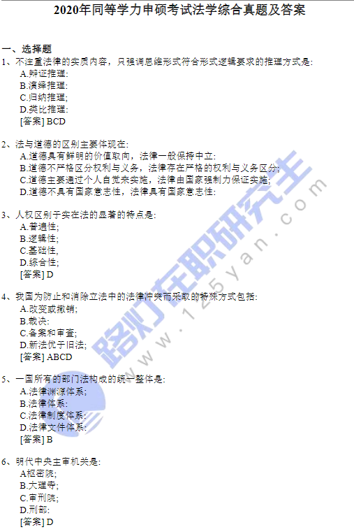 2020年同等學力申碩考試法學綜合真題及答案（回憶版）