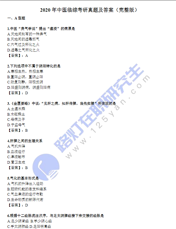 2020年中醫(yī)臨綜考研真題及答案（完整版）